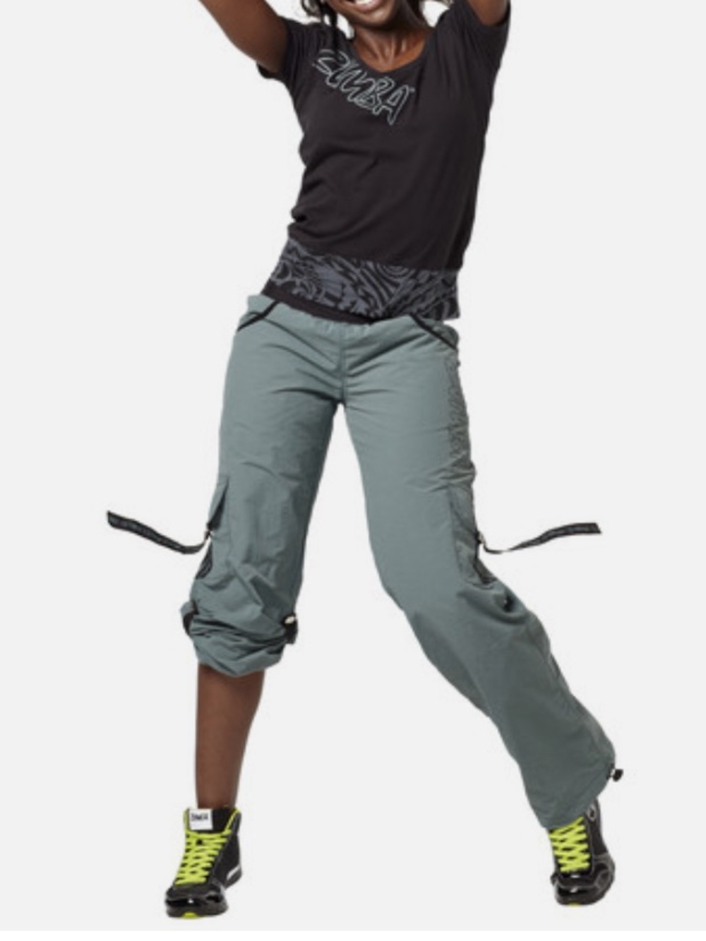 Zumba Fitness Electro Sage Green Convertible Cargo Track Pants. Size S